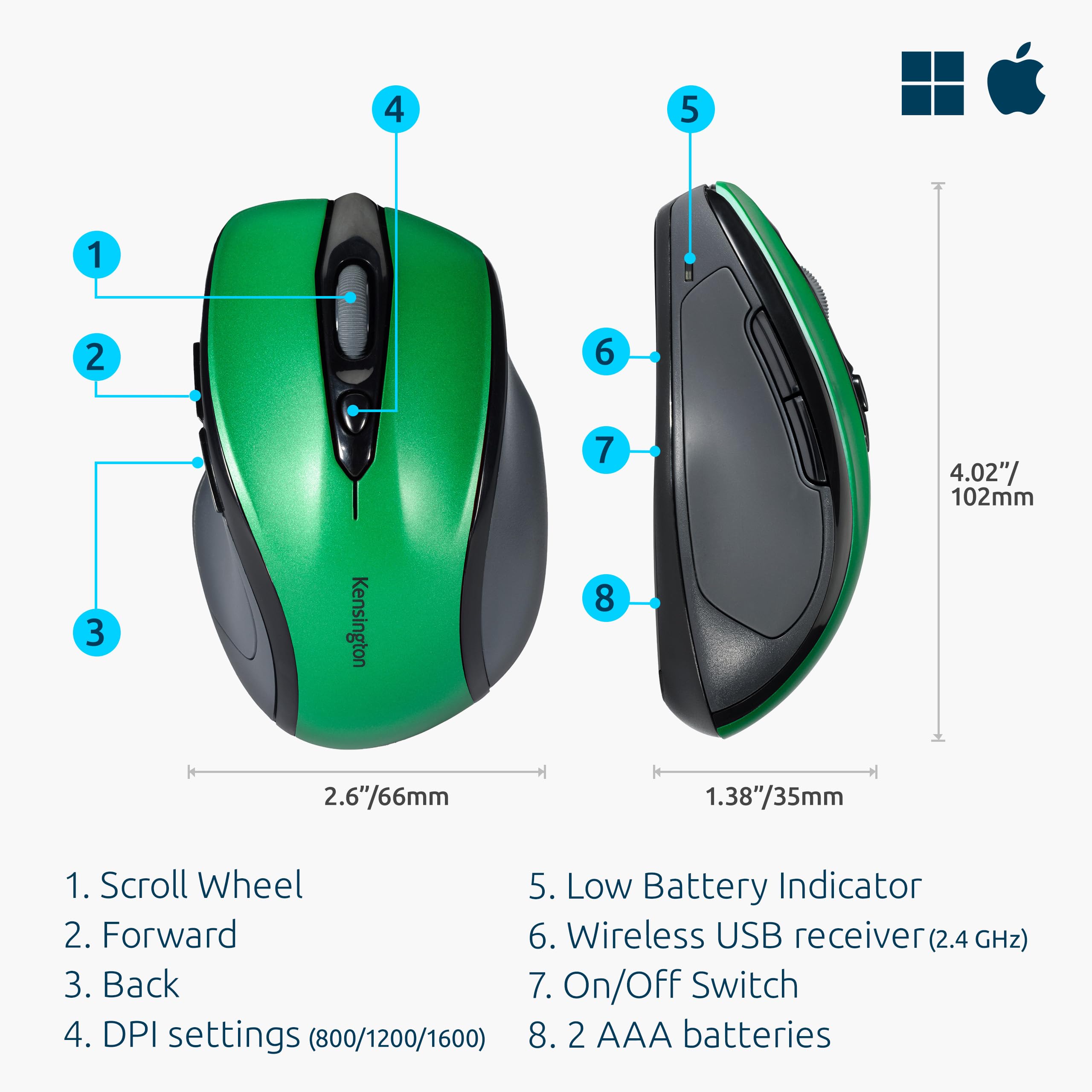 Amazon.com: Kensington Pro Fit Mid-Size Wireless Mouse, Emerald